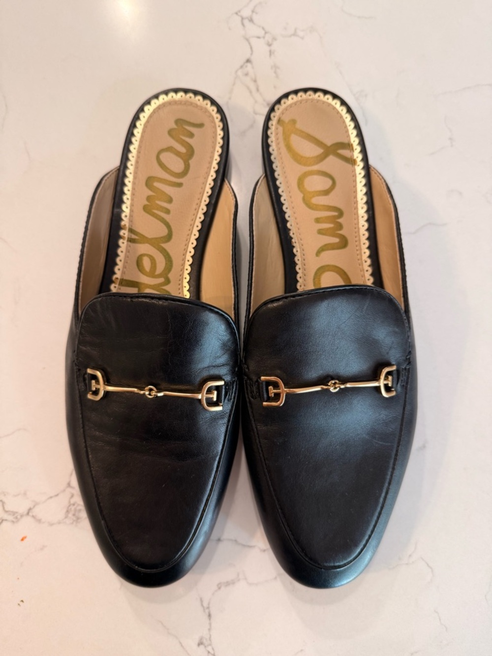 Sam Edelman “Linnie Bit” Black Leather Mule with Gold Horsebit Accent-Size 8